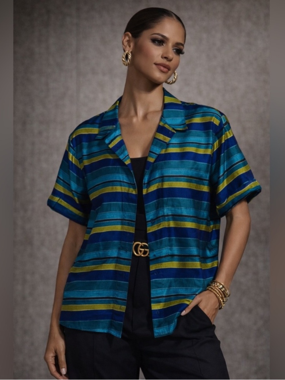 Vintage Horizontal Stripe 3/4 Sleeve Silk Button Up Top Size 1 By CHICO